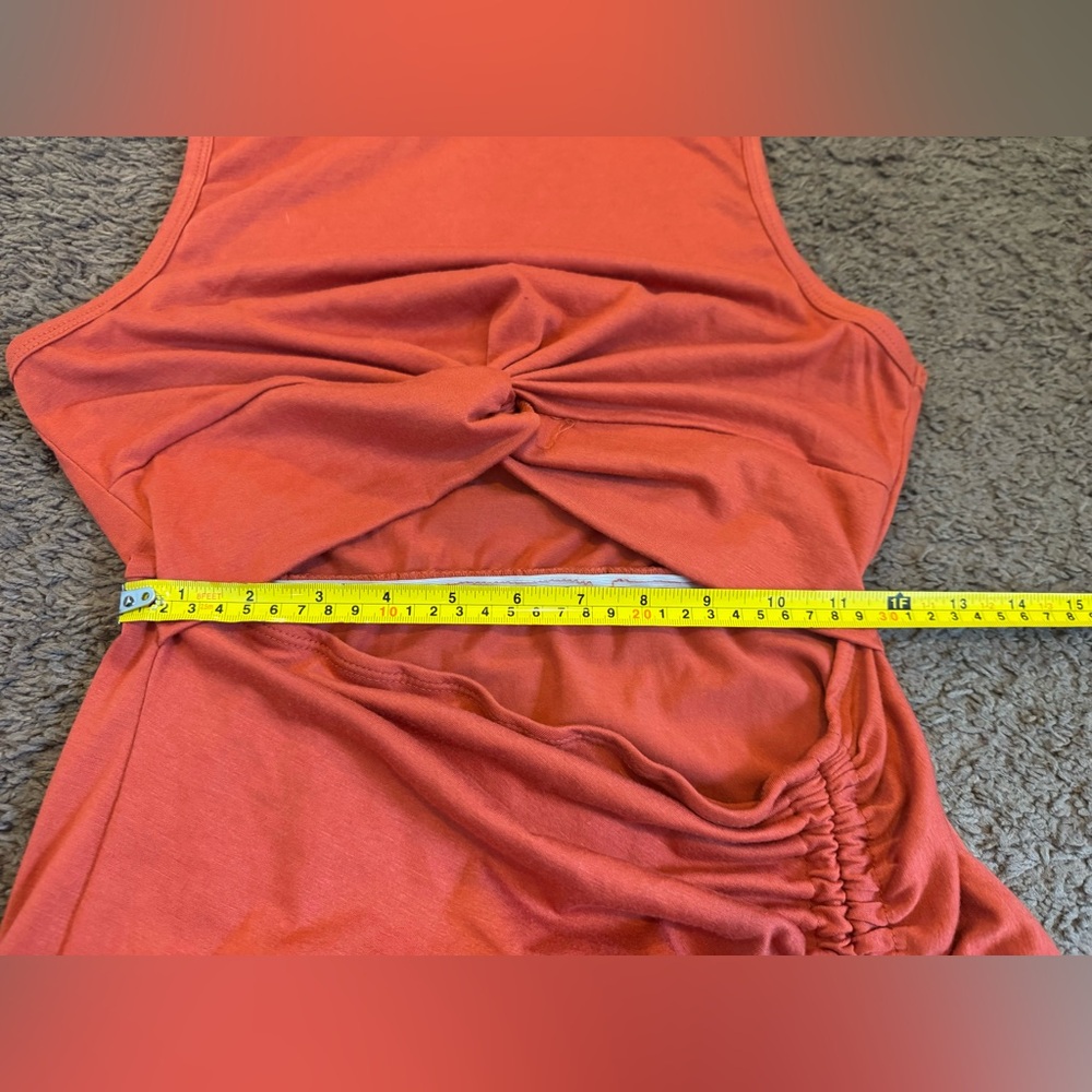 2 FOR $25 Orange Cut Out Knot Front Ruched Midi Dress Stretchy Size S M - Picture 8 of 8